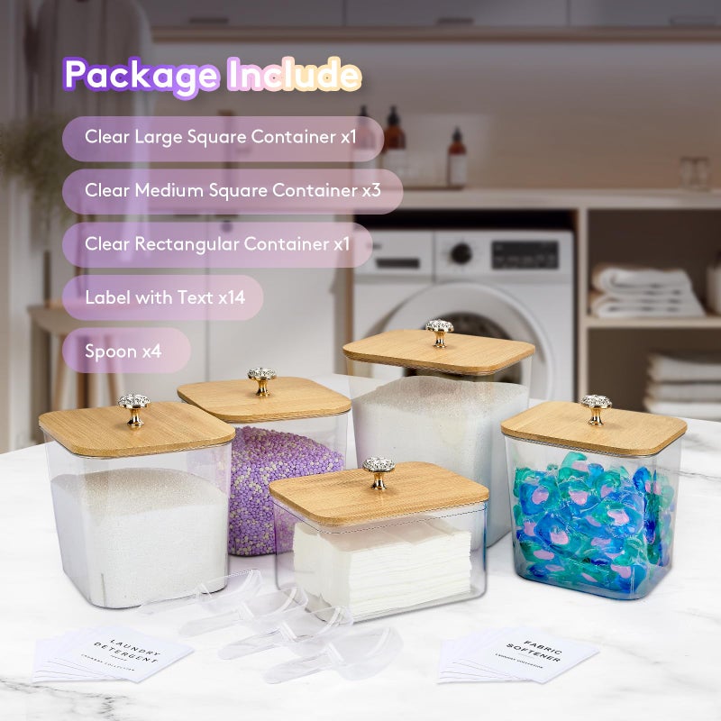 POLRAI 5 Pack Laundry Pod Containers and Dryer Sheet Holder for Laundry Room Organization Acrylic Jars with Lids and Labels for Laundry Detergent Laundry Pods Dry Sheet Organizing - Image 2