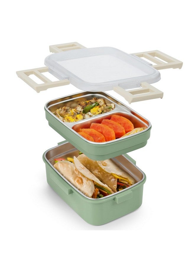 ABOUT SPACE Lunch Box - 2 Tier Compartment 1200ml Insulated Tiffin Box with Silicon Gaskets Lid, No Leak-Proof Diet Food Partition Stainless Steel Bento Box for Men,Women,Kids (Green L17xB11.5xH9.5cm) - Image 1