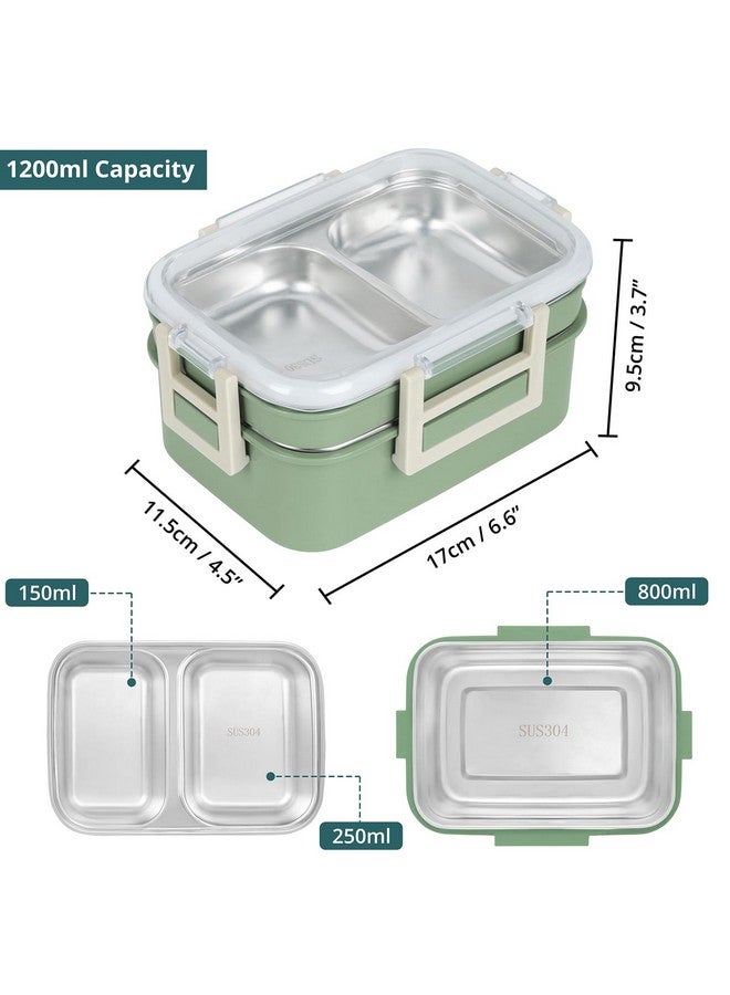 ABOUT SPACE Lunch Box - 2 Tier Compartment 1200ml Insulated Tiffin Box with Silicon Gaskets Lid, No Leak-Proof Diet Food Partition Stainless Steel Bento Box for Men,Women,Kids (Green L17xB11.5xH9.5cm) - Image 2