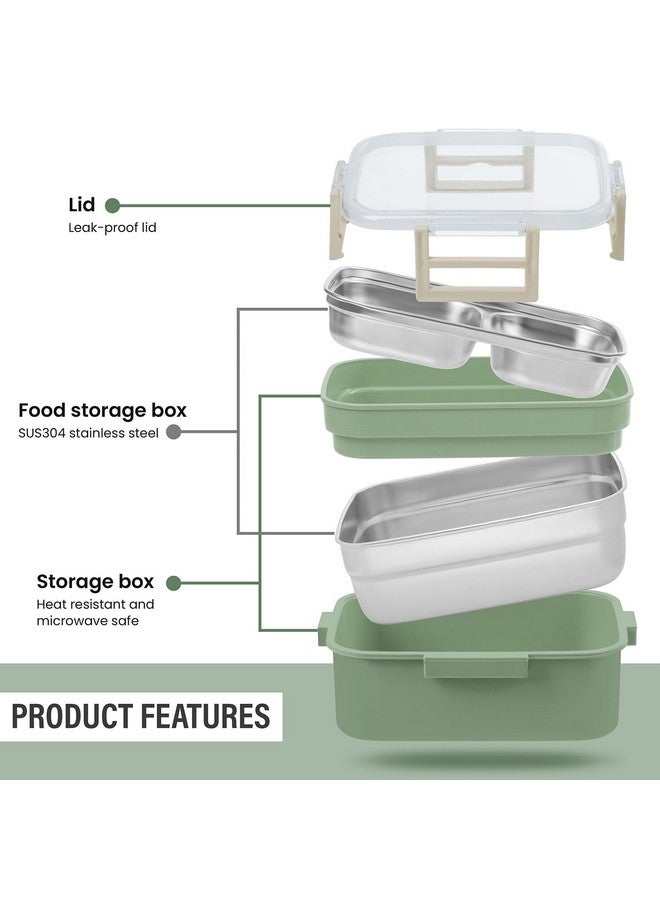 ABOUT SPACE Lunch Box - 2 Tier Compartment 1200ml Insulated Tiffin Box with Silicon Gaskets Lid, No Leak-Proof Diet Food Partition Stainless Steel Bento Box for Men,Women,Kids (Green L17xB11.5xH9.5cm) - Image 3