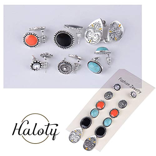 Haloty 6 Pairs Boho Turquoise Earring Set Vintage Colorful Stud Halloween Earring Jewelry for Women and Girls - Image 5