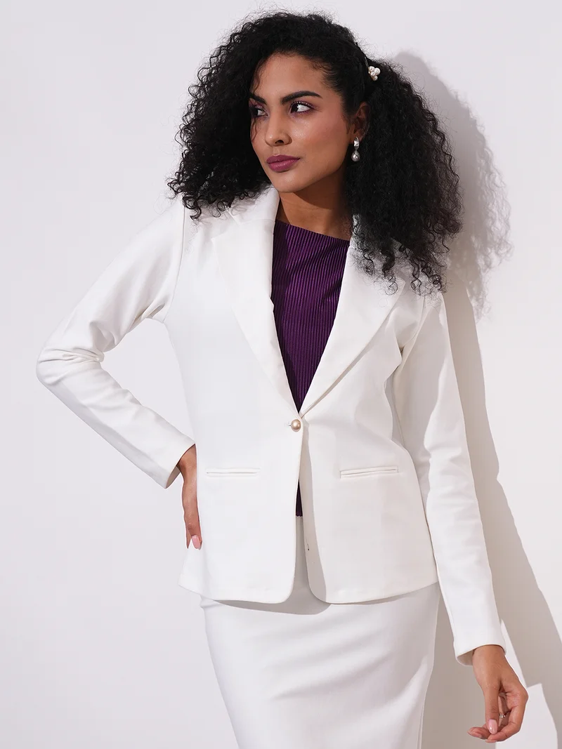globus Women Notch Lapel Long Sleeves Stretchable Curved Hem Open Front Workwear Blazer Jacket