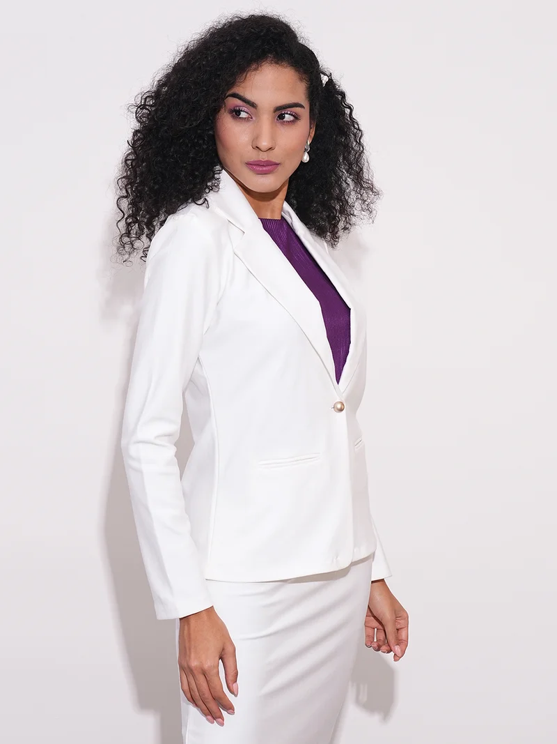 globus Women Notch Lapel Long Sleeves Stretchable Curved Hem Open Front Workwear Blazer Jacket