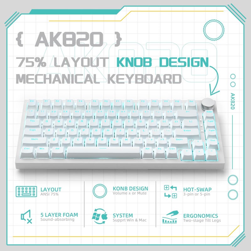 Attack Shark X820Ultra Wireless 75% Mechanical Gaming Keyboard with Screen & Knob Hot Swap 2.4GHz/BT/Wired RGB Backlit Gasket Mount Side Print PBT Keycap QMK Web Driver Shark Switch-White Contour - Image 2