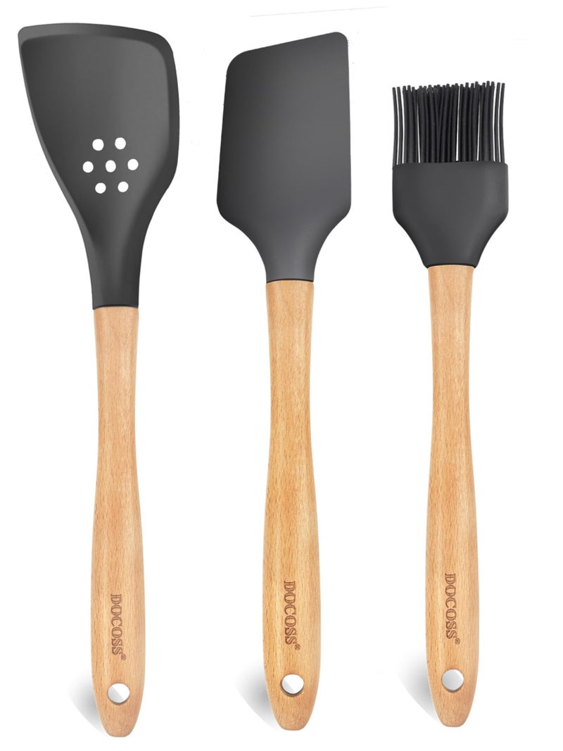 DOCOSS Pack of 3 Wooden Spatula for Non Stick Pan/Silicone Spatula for Kitchen/Spatula for Cake/Spatulas for Cooking Spoon Set,Baking Accessories (Black) - Image 1