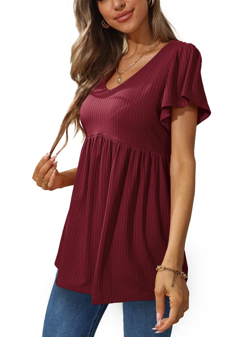 Glanzition Summer Tops for Women Dressy Maternity Short Sleeve Long T Shirts Wine M - Image 3