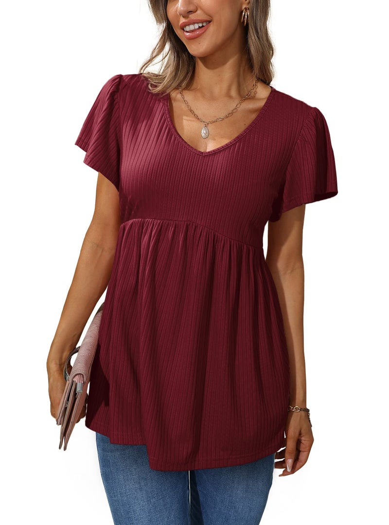 Glanzition Summer Tops for Women Dressy Maternity Short Sleeve Long T Shirts Wine M - Image 2