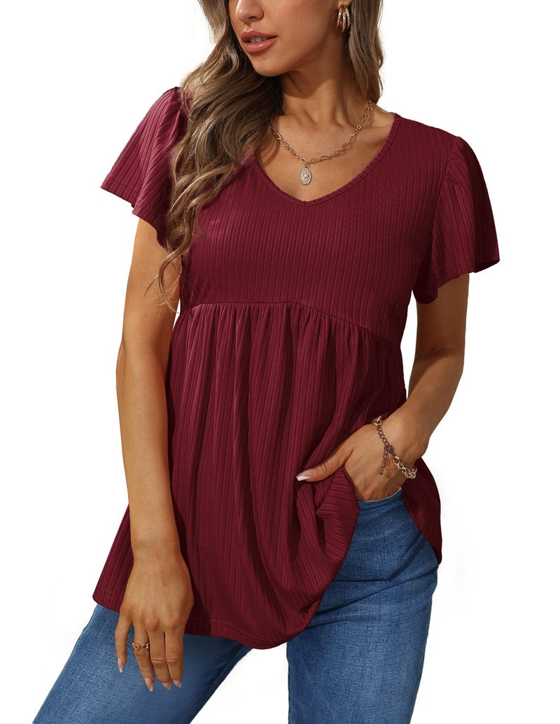 Glanzition Summer Tops for Women Dressy Maternity Short Sleeve Long T Shirts Wine M - Image 1