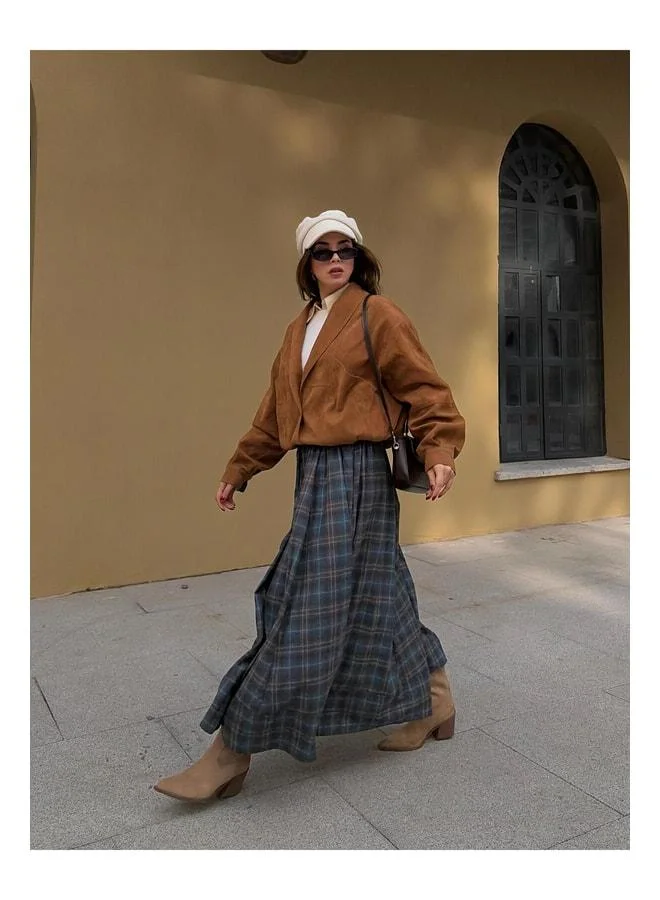 mina aise Women's Navy Plaid Waist Elastic Long Skirt 31025.