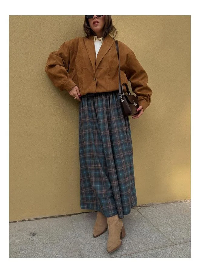 mina aise Women's Navy Plaid Waist Elastic Long Skirt 31025.