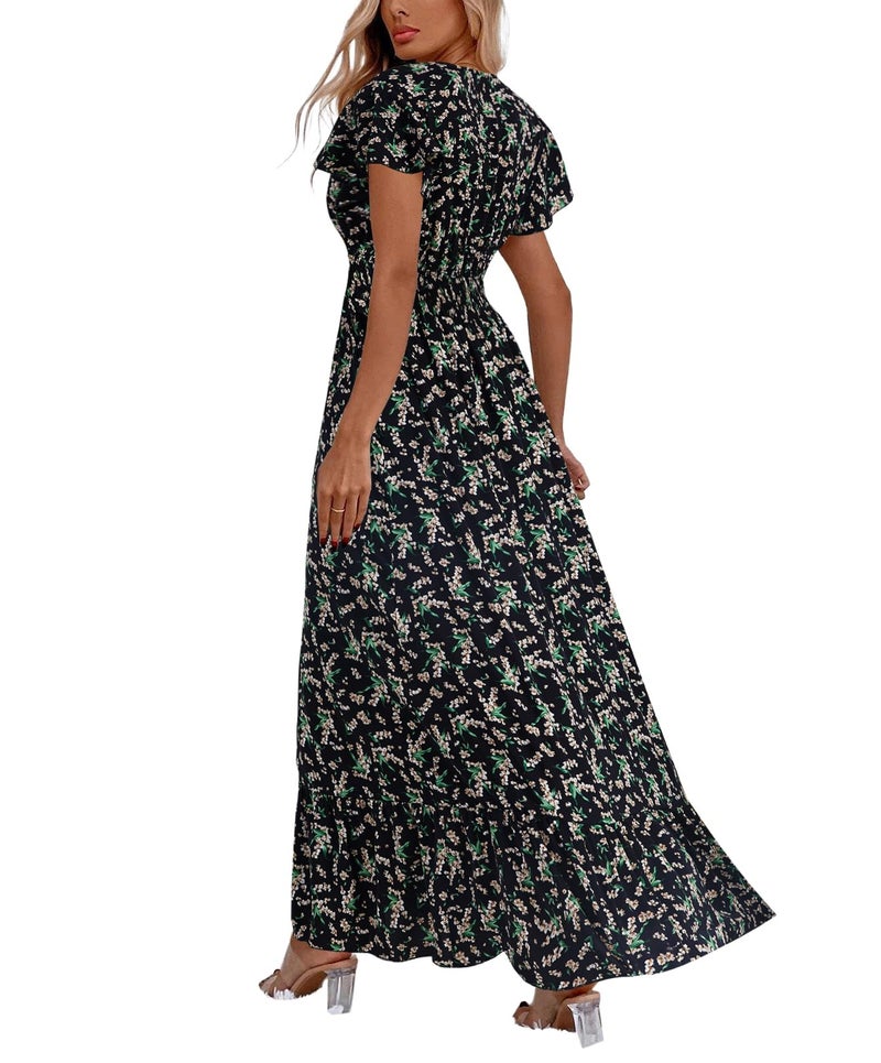 LYANER Women's Floral Print V Neck Ruffle Cap Sleeve Ruffle Hem Flowy Midi Dress Black with Beige Medium - Image 2