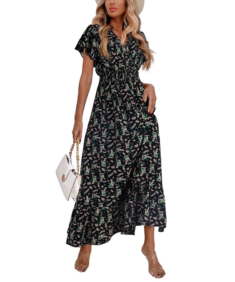 LYANER Women's Floral Print V Neck Ruffle Cap Sleeve Ruffle Hem Flowy Midi Dress Black with Beige Medium - Image 4