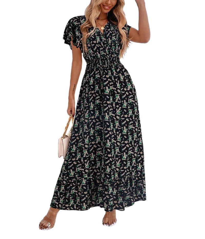 LYANER Women's Floral Print V Neck Ruffle Cap Sleeve Ruffle Hem Flowy Midi Dress Black with Beige Medium - Image 1