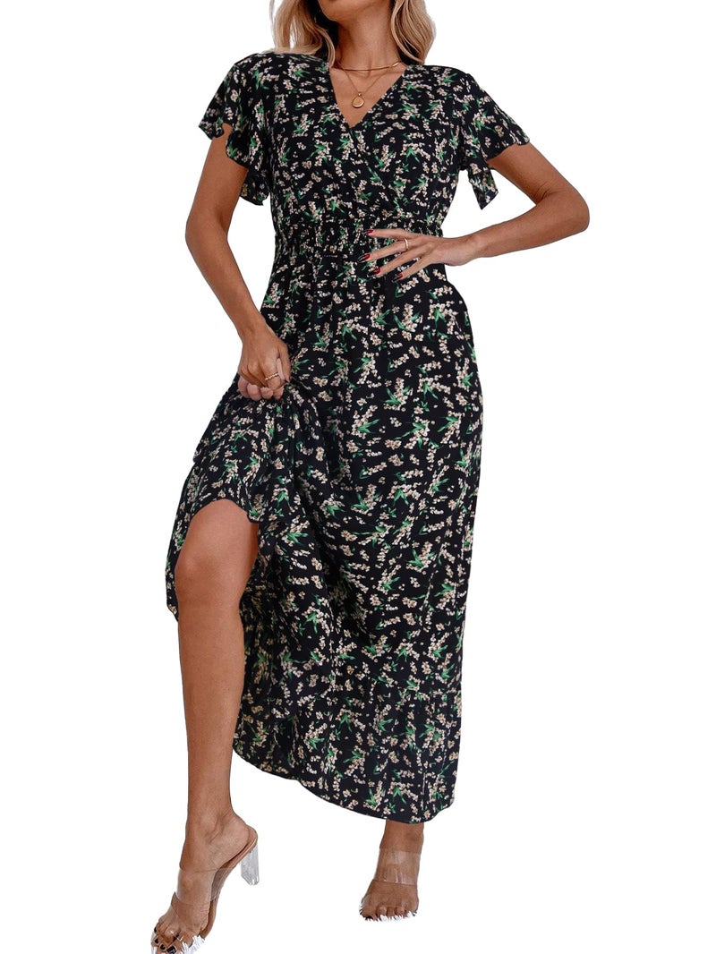 LYANER Women's Floral Print V Neck Ruffle Cap Sleeve Ruffle Hem Flowy Midi Dress Black with Beige Medium - Image 3