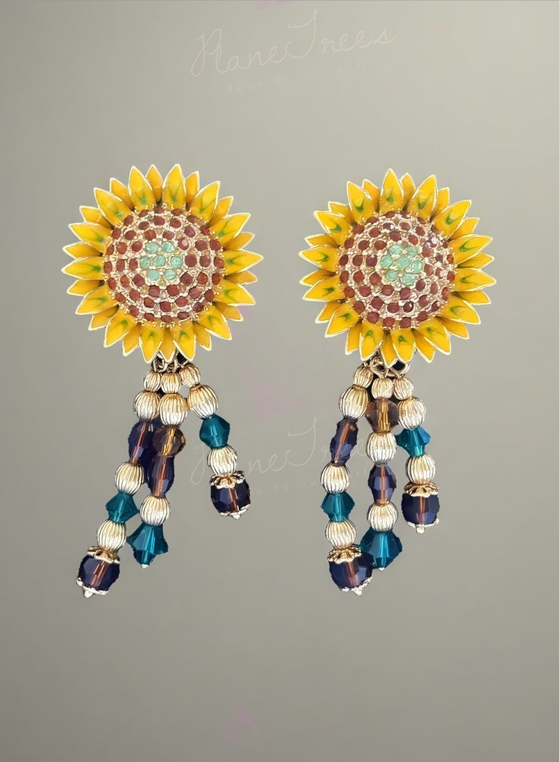 PLANE TREES Sunflower Drop Earrings – Yellow Enamel with Beaded Tassels - Image 1
