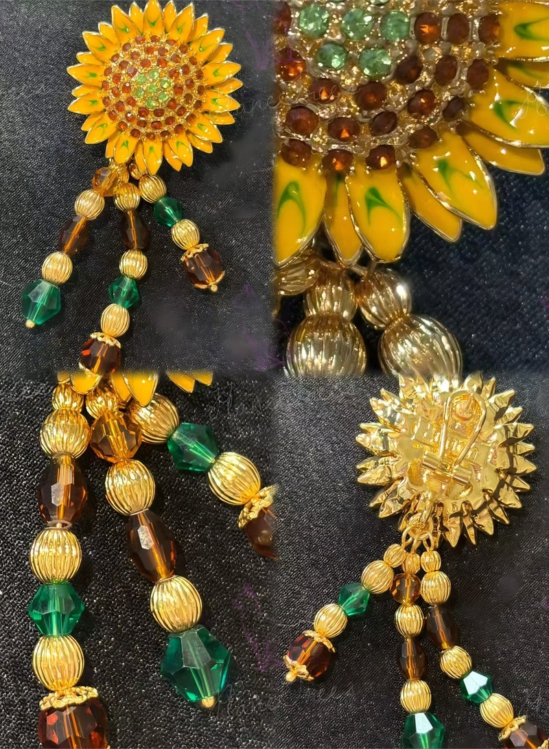 PLANE TREES Sunflower Drop Earrings – Yellow Enamel with Beaded Tassels - Image 2