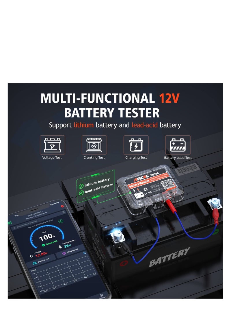 BM200 12V Car Battery Tester Bluetooth 4.2 Wireless Automotive Battery Tester Auto Battery Load Tester for Lithium Lead-Acid Batteries with Cranking Charging Test Alarm Record Voltage History