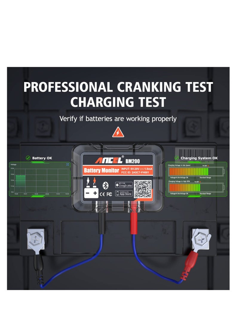 BM200 12V Car Battery Tester Bluetooth 4.2 Wireless Automotive Battery Tester Auto Battery Load Tester for Lithium Lead-Acid Batteries with Cranking Charging Test Alarm Record Voltage History