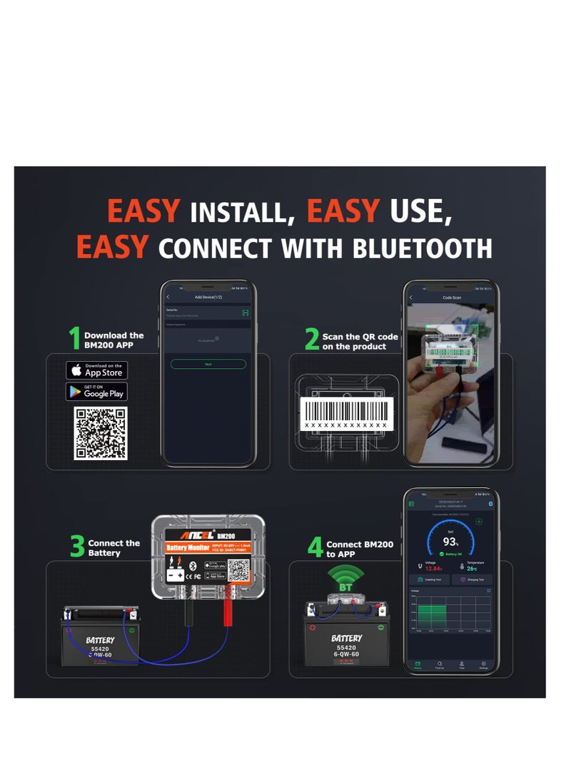 BM200 12V Car Battery Tester Bluetooth 4.2 Wireless Automotive Battery Tester Auto Battery Load Tester for Lithium Lead-Acid Batteries with Cranking Charging Test Alarm Record Voltage History
