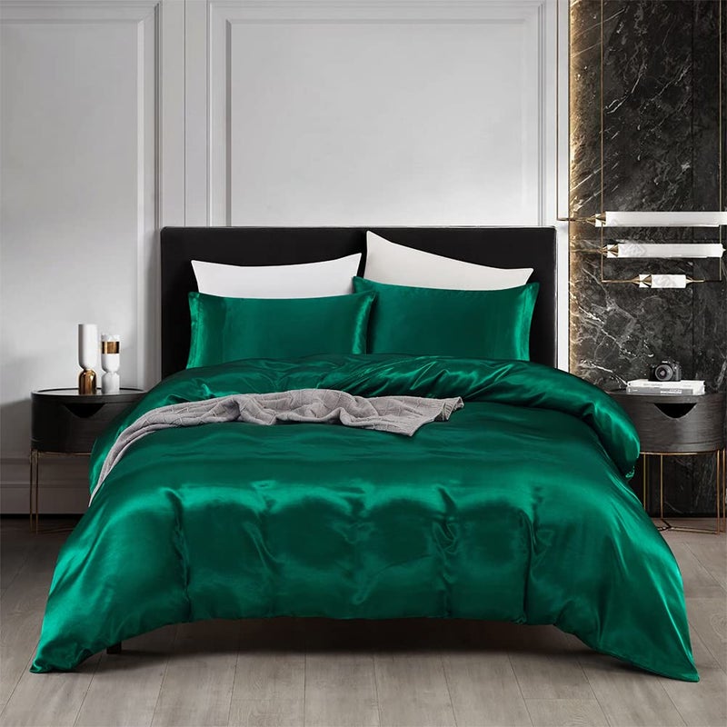 AiMay 3 Piece Satin Duvet Cover Set Bedding Sets Luxury 1800 Rich Silk Silky Super Soft Solid Color Reversible Honeymoon StainResistant Wrinkle Free Queen Green
