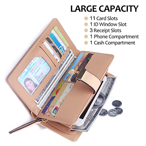 VODIU Wallet Women Long Leaf Bifold Leather Wallets for Women Card Coin Holder Purse Cute Zipper Buckle Clutch Wallet (Khaki) - Image 2