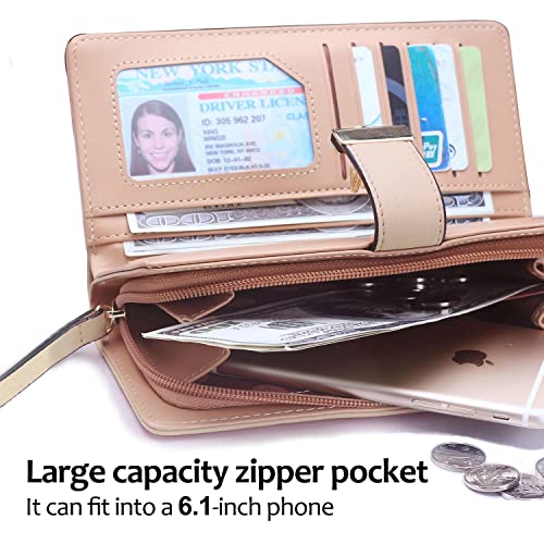 VODIU Wallet Women Long Leaf Bifold Leather Wallets for Women Card Coin Holder Purse Cute Zipper Buckle Clutch Wallet (Khaki) - Image 3