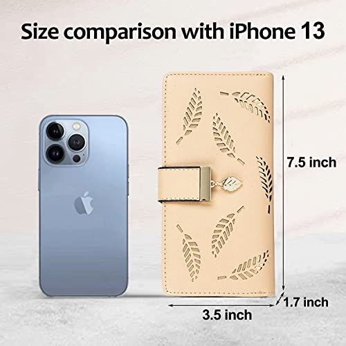 VODIU Wallet Women Long Leaf Bifold Leather Wallets for Women Card Coin Holder Purse Cute Zipper Buckle Clutch Wallet (Khaki) - Image 4