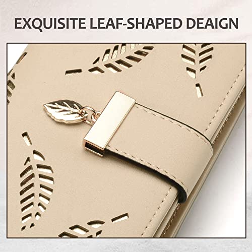 VODIU Wallet Women Long Leaf Bifold Leather Wallets for Women Card Coin Holder Purse Cute Zipper Buckle Clutch Wallet (Khaki) - Image 5