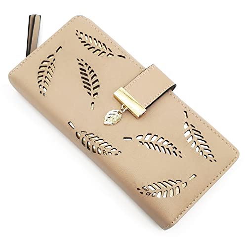 VODIU Wallet Women Long Leaf Bifold Leather Wallets for Women Card Coin Holder Purse Cute Zipper Buckle Clutch Wallet (Khaki) - Image 1