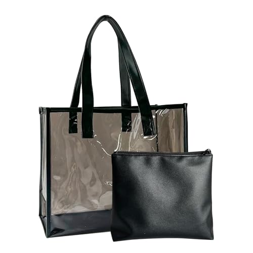 TotePrint clear pvc tote bag with fabric bottom with Leather Pouch Clear Beach Tote Bag for Swimming Pool Gym Summer Vacation Essentials - Image 1