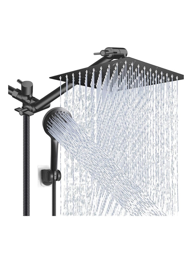 هالونهي مجموعة رأس الدش، رأس دش مطري عالي الضغط 10 بوصة مع ذراع تمديد قابل للتعديل 11 بوصة و5 إعدادات محمولة باليد، رذاذ دش قوي ضد الماء منخفض الضغط مع خرطوم طويل (أسود) - Image 1