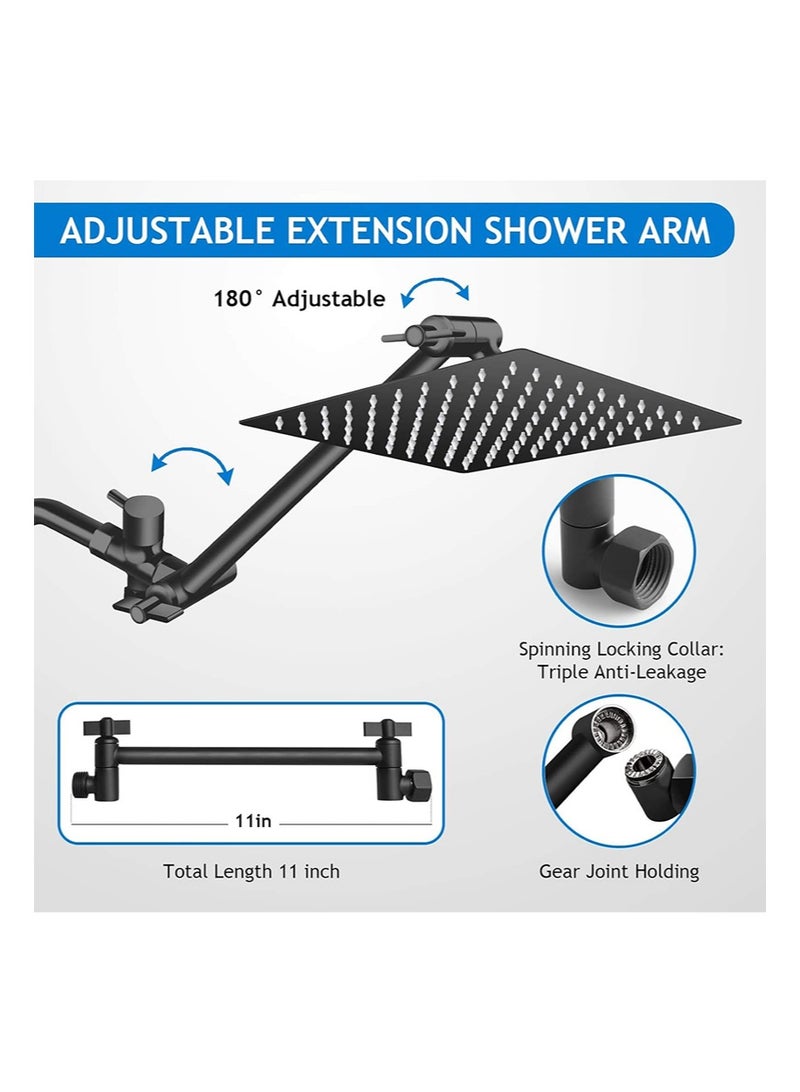 هالونهي مجموعة رأس الدش، رأس دش مطري عالي الضغط 10 بوصة مع ذراع تمديد قابل للتعديل 11 بوصة و5 إعدادات محمولة باليد، رذاذ دش قوي ضد الماء منخفض الضغط مع خرطوم طويل (أسود) - Image 5