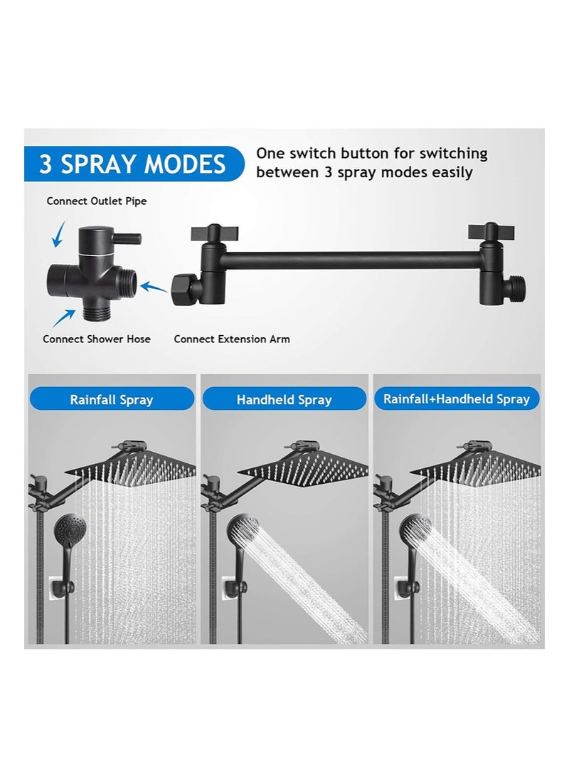 هالونهي مجموعة رأس الدش، رأس دش مطري عالي الضغط 10 بوصة مع ذراع تمديد قابل للتعديل 11 بوصة و5 إعدادات محمولة باليد، رذاذ دش قوي ضد الماء منخفض الضغط مع خرطوم طويل (أسود) - Image 2