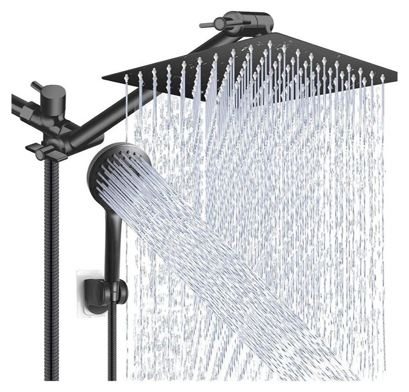 هالونهي مجموعة رأس الدش، رأس دش مطري عالي الضغط 10 بوصة مع ذراع تمديد قابل للتعديل 11 بوصة و5 إعدادات محمولة باليد، رذاذ دش قوي ضد الماء منخفض الضغط مع خرطوم طويل (أسود) - Image 1