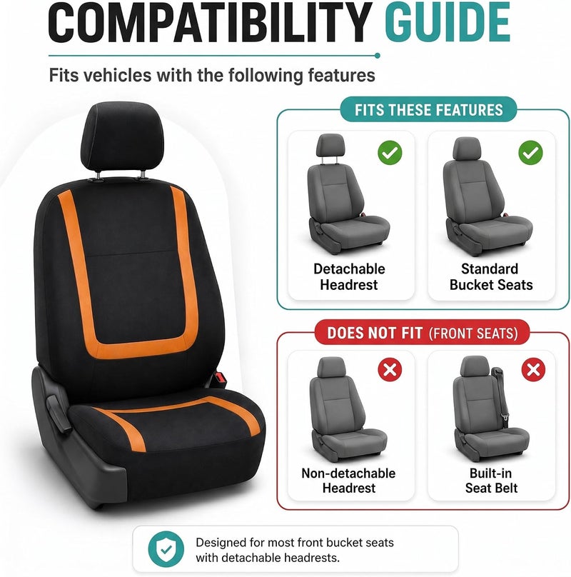 FH Group Car Seat Covers Front Set in Cloth -Car Seat Covers for Low Back Car Seats with Removable Headrest,Universal Fit,Automotive SeatCovers,Washable Car SeatCover for SUV,Sedan,Van Orange - Image 2