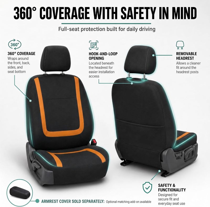 FH Group Car Seat Covers Front Set in Cloth -Car Seat Covers for Low Back Car Seats with Removable Headrest,Universal Fit,Automotive SeatCovers,Washable Car SeatCover for SUV,Sedan,Van Orange - Image 4