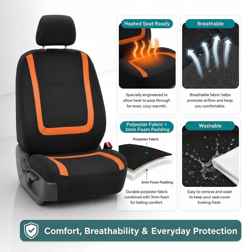 FH Group Car Seat Covers Front Set in Cloth -Car Seat Covers for Low Back Car Seats with Removable Headrest,Universal Fit,Automotive SeatCovers,Washable Car SeatCover for SUV,Sedan,Van Orange - Image 3