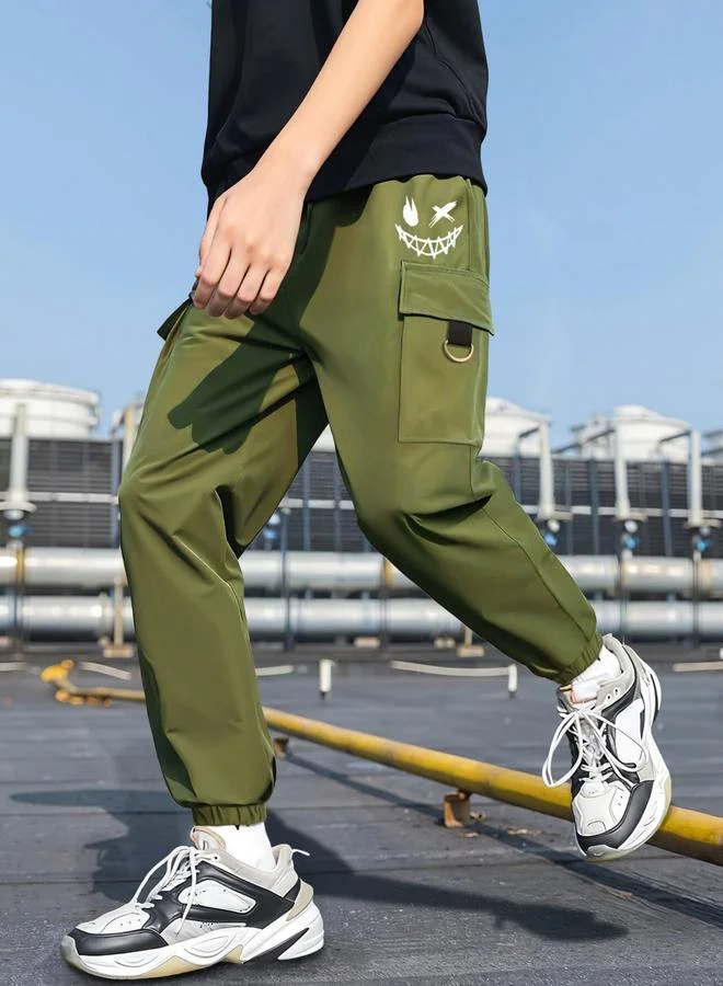 Take Two Boys Green Cargo Pants with Smile Graphic