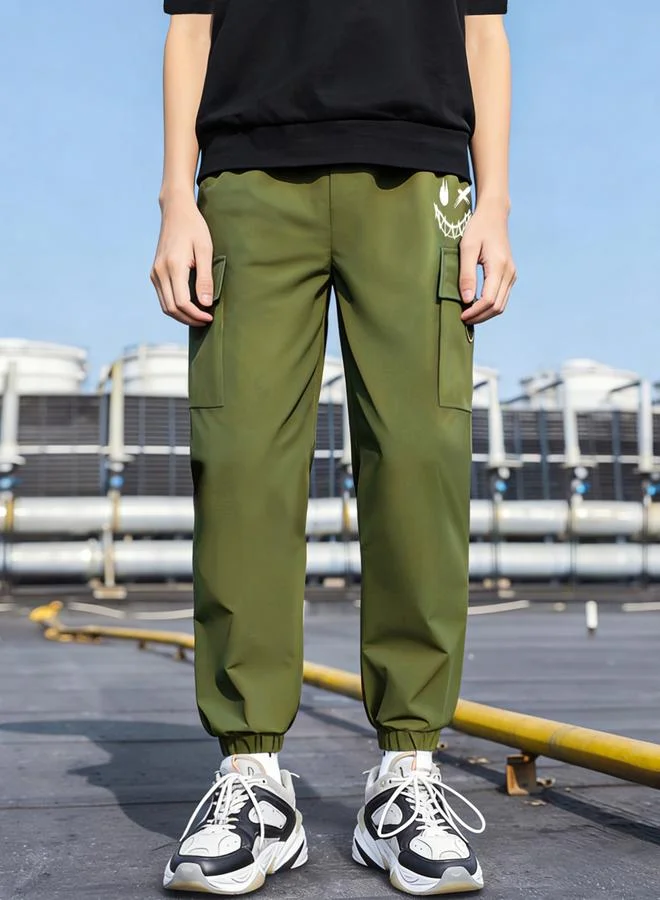 Take Two Boys Green Cargo Pants with Smile Graphic