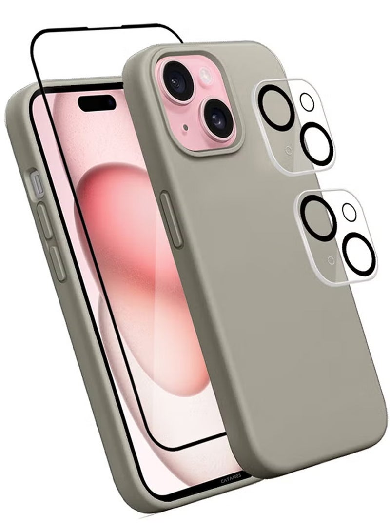 CATANES 4 عبوات لغطاء حماية شاشة آيفون 15 و 2 واقي عدسة كاميرا ترقية غلاف سيليكون مدافع مضاد للصدمات ومقاوم للخدوش غلاف هاتف واقي رمادي