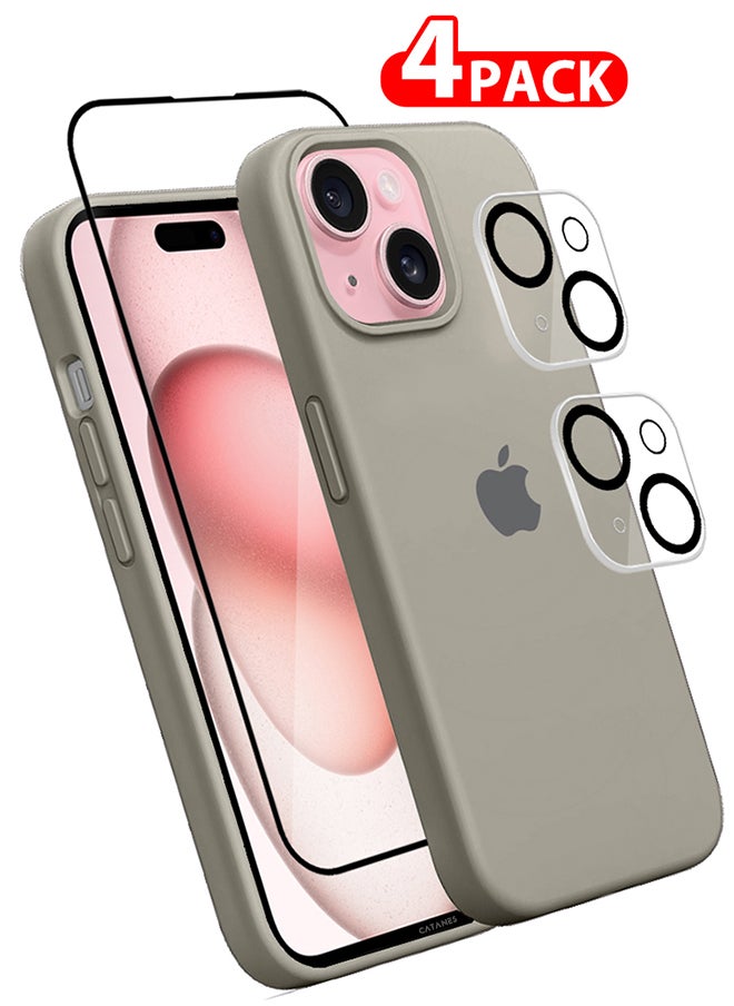 CATANES - 4 Packs For iPhone 15 Case Screen Protector and 2 Camera Lens Protectors Upgrade Defender Silicone Cover Shockproof Anti-Scratch Protective Phone Case Grey - Image 1