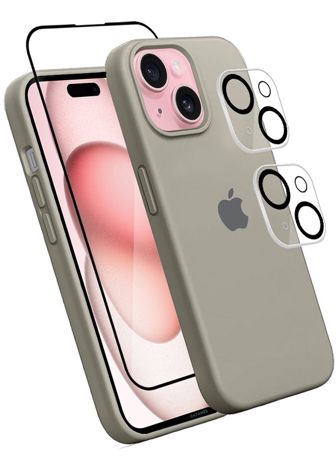 CATANES - 4 Packs For iPhone 15 Case Screen Protector and 2 Camera Lens Protectors Upgrade Defender Silicone Cover Shockproof Anti-Scratch Protective Phone Case Grey - Image 1