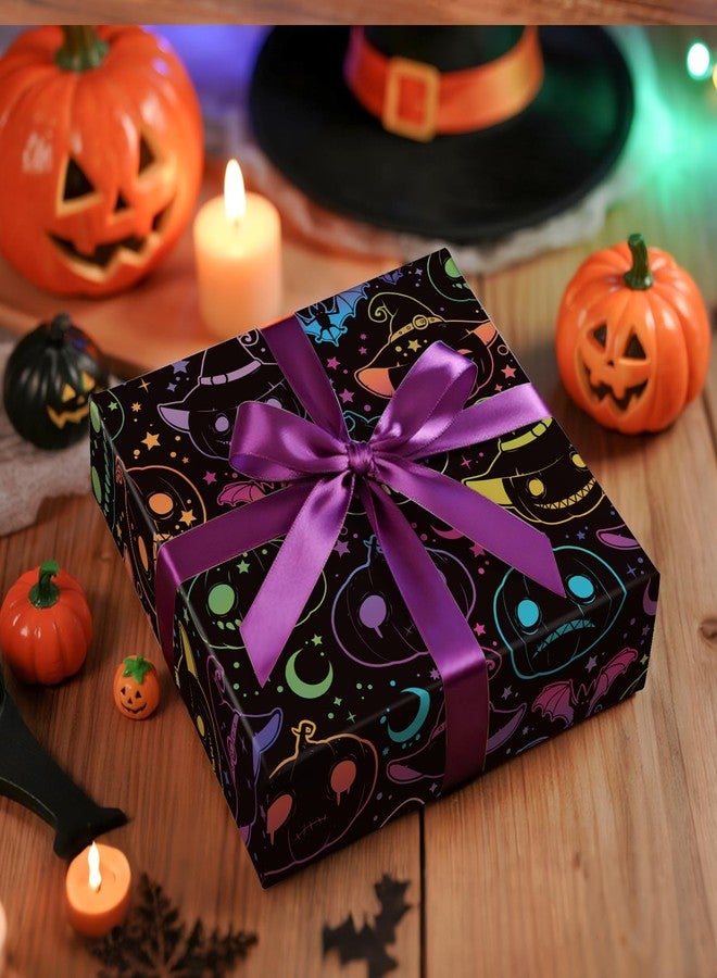 LeZakaa Halloween Pumpkin Wrapping Paper Roll, Neon Pumpkin Witch Hat Bat Pattern in Black, Glow-Like Gothic Kawaii Style Gift Wrap for Spooky Party & Candy Bags, Mini Roll 17 in x 16.4 Ft - Image 3