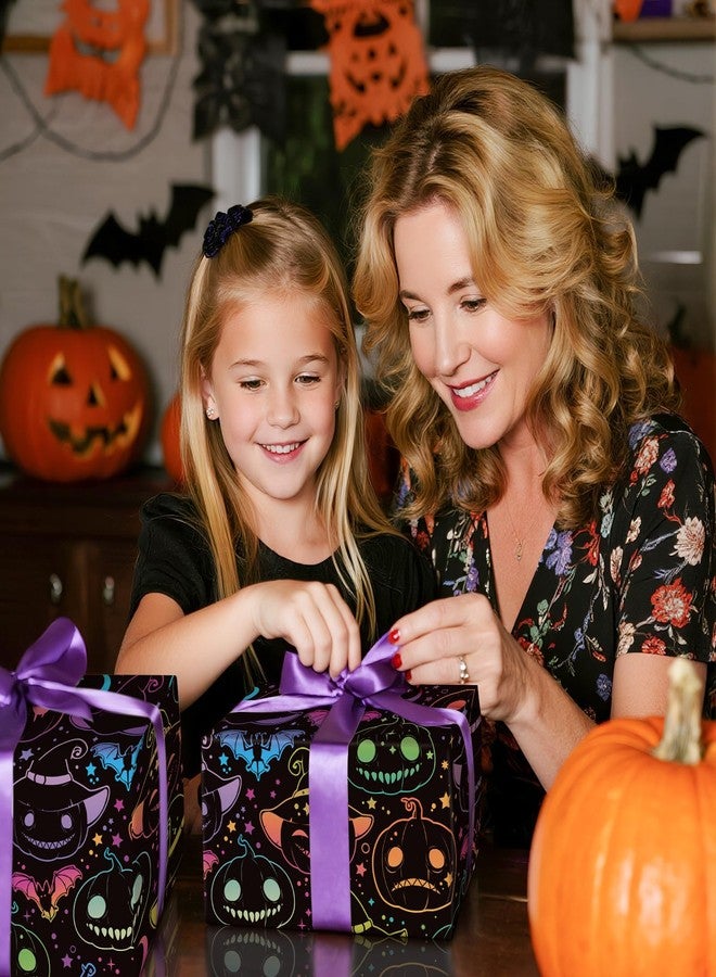 LeZakaa Halloween Pumpkin Wrapping Paper Roll, Neon Pumpkin Witch Hat Bat Pattern in Black, Glow-Like Gothic Kawaii Style Gift Wrap for Spooky Party & Candy Bags, Mini Roll 17 in x 16.4 Ft - Image 5