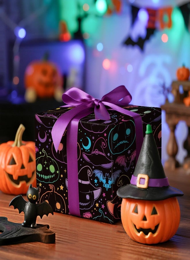 LeZakaa Halloween Pumpkin Wrapping Paper Roll, Neon Pumpkin Witch Hat Bat Pattern in Black, Glow-Like Gothic Kawaii Style Gift Wrap for Spooky Party & Candy Bags, Mini Roll 17 in x 16.4 Ft - Image 2