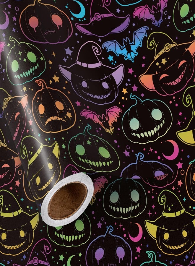 LeZakaa Halloween Pumpkin Wrapping Paper Roll, Neon Pumpkin Witch Hat Bat Pattern in Black, Glow-Like Gothic Kawaii Style Gift Wrap for Spooky Party & Candy Bags, Mini Roll 17 in x 16.4 Ft - Image 1