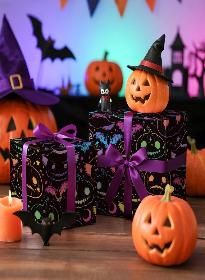 LeZakaa Halloween Pumpkin Wrapping Paper Roll, Neon Pumpkin Witch Hat Bat Pattern in Black, Glow-Like Gothic Kawaii Style Gift Wrap for Spooky Party & Candy Bags, Mini Roll 17 in x 16.4 Ft - Image 4
