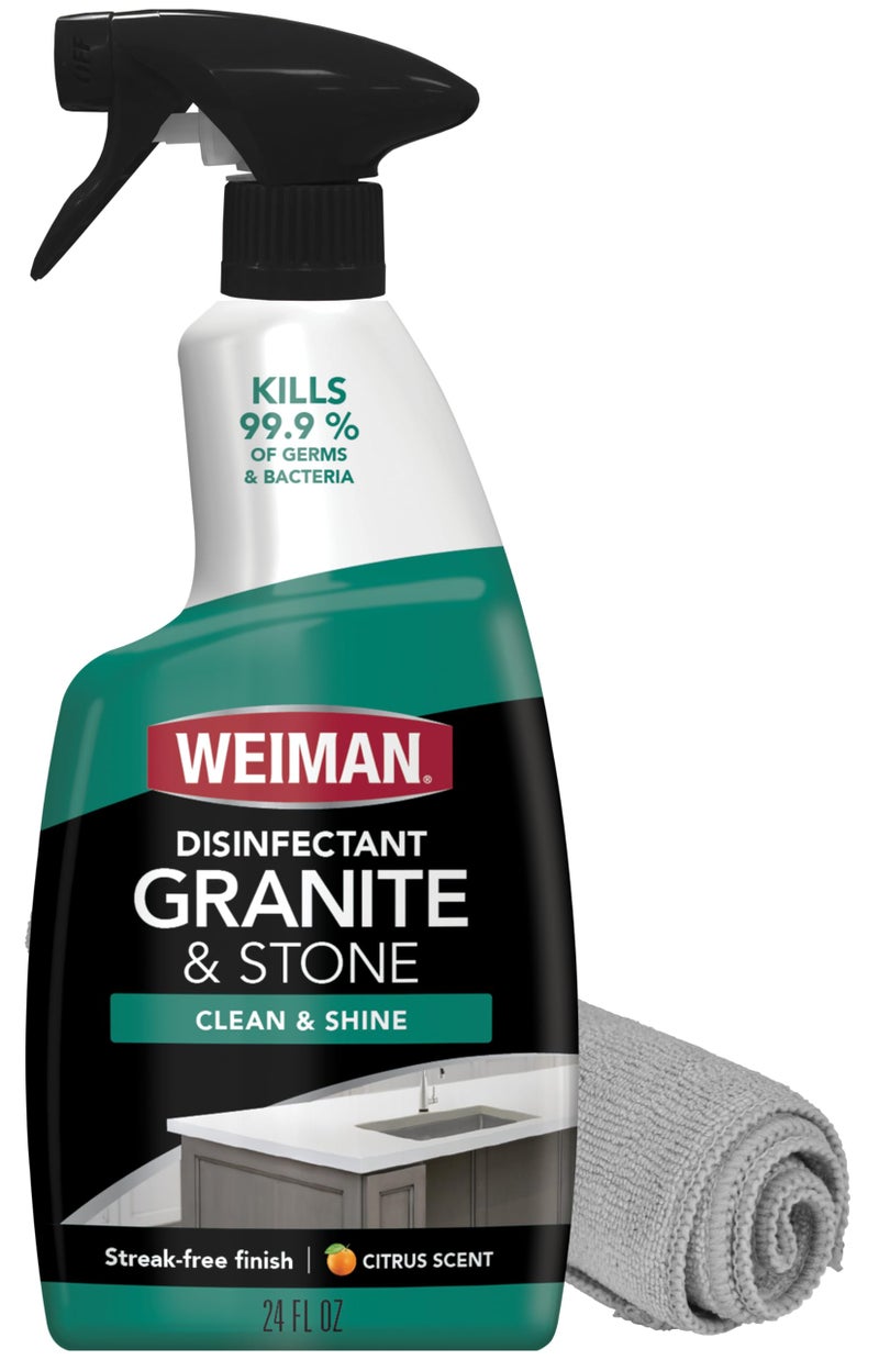 Weiman Disinfectant Granite Cleaner and Polish With Microfiber Cloth Safely Clean Disinfect and Shine Granite Marble Soapstone Quartz Quartzite Slate Limestone Corian Laminate Tile Countertop - Image 2