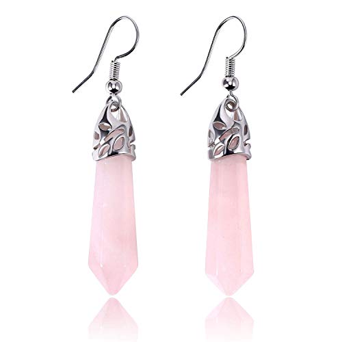 KISSPAT Real Natural Rose Quartz Healing Point Crystal Gemstone Chakra Dangle Earrings - Image 1