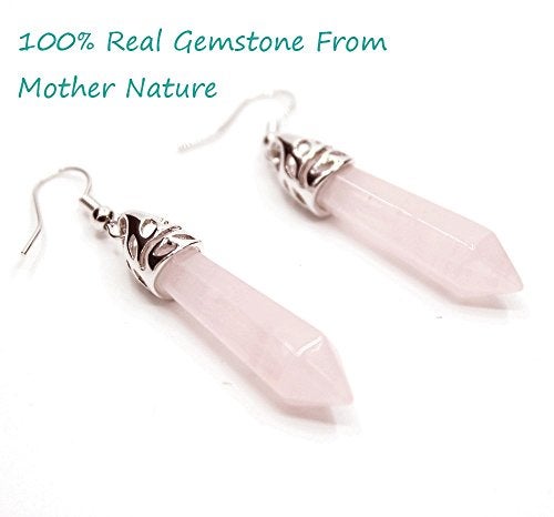 KISSPAT Real Natural Rose Quartz Healing Point Crystal Gemstone Chakra Dangle Earrings - Image 3